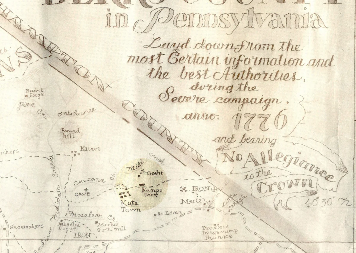 Historic 1776 map showing Kutztown and the Reading–Easton road